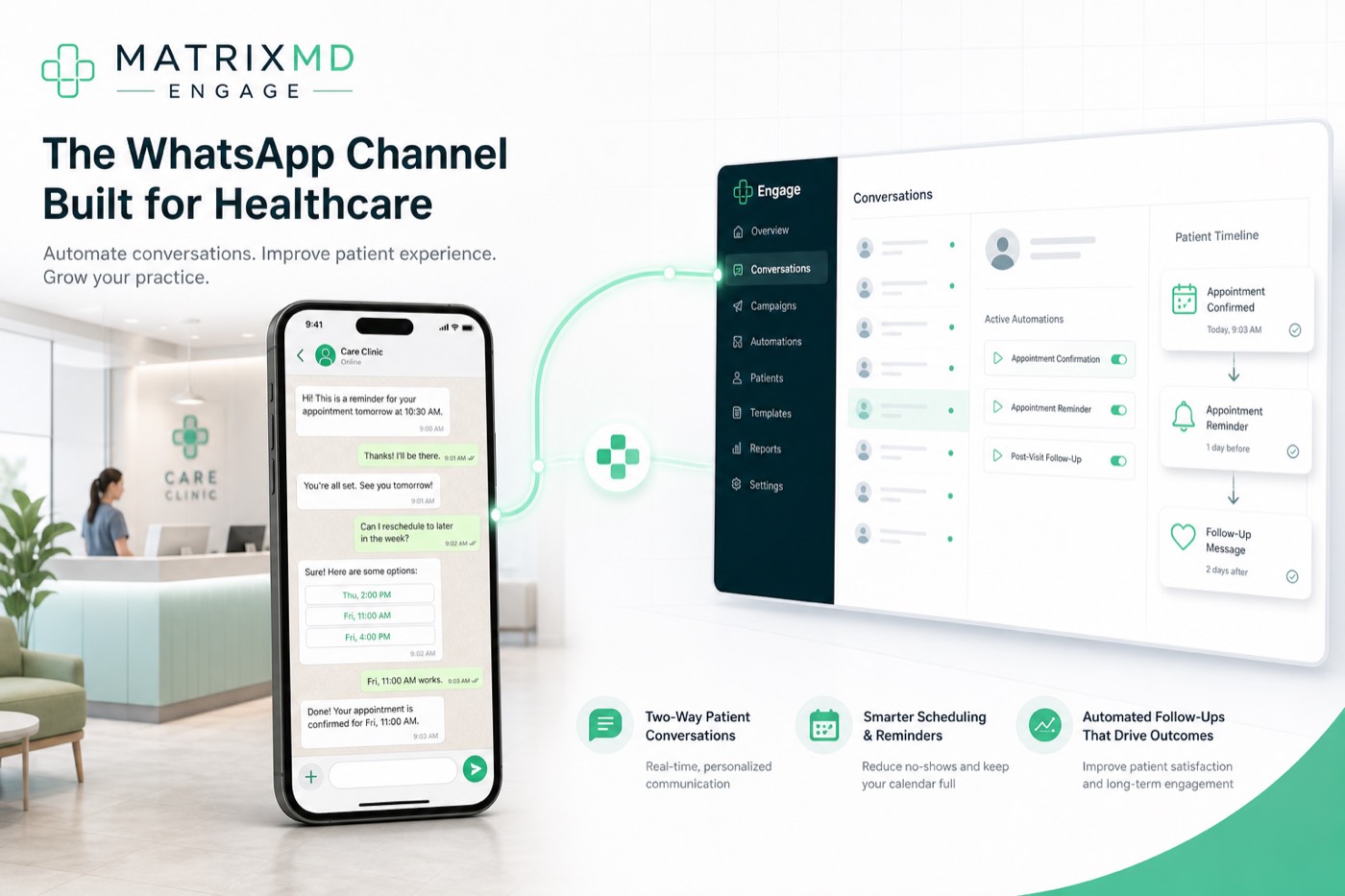 WhatsApp de la clínica conectado a MatrixMD para confirmar citas y atender pacientes